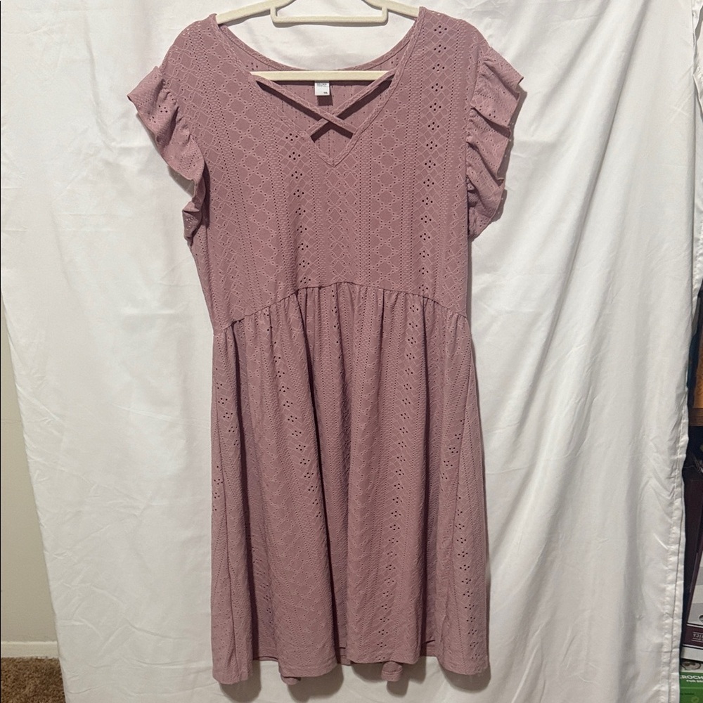 Chic Dusty Pink Ruffle Sleeve Midi Dress